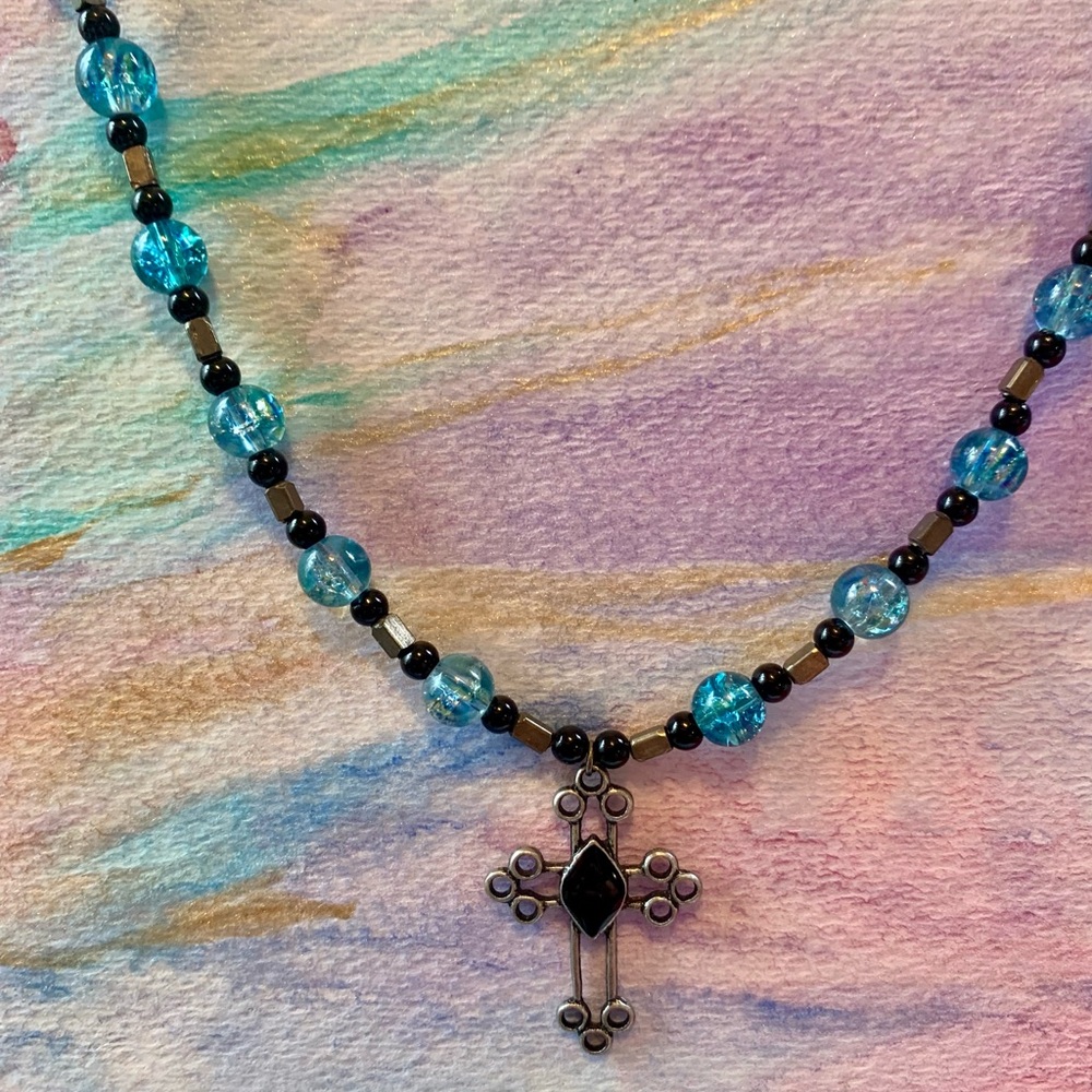 Cross Vintage Blue Crackle Glass Beaded Cross Necklace